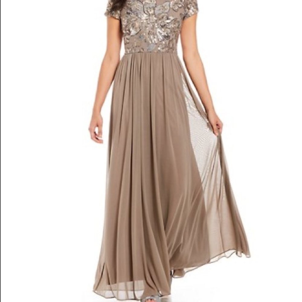 Betsy & Adam Floral Sequin Beaded Bodice Empire Waist Gown